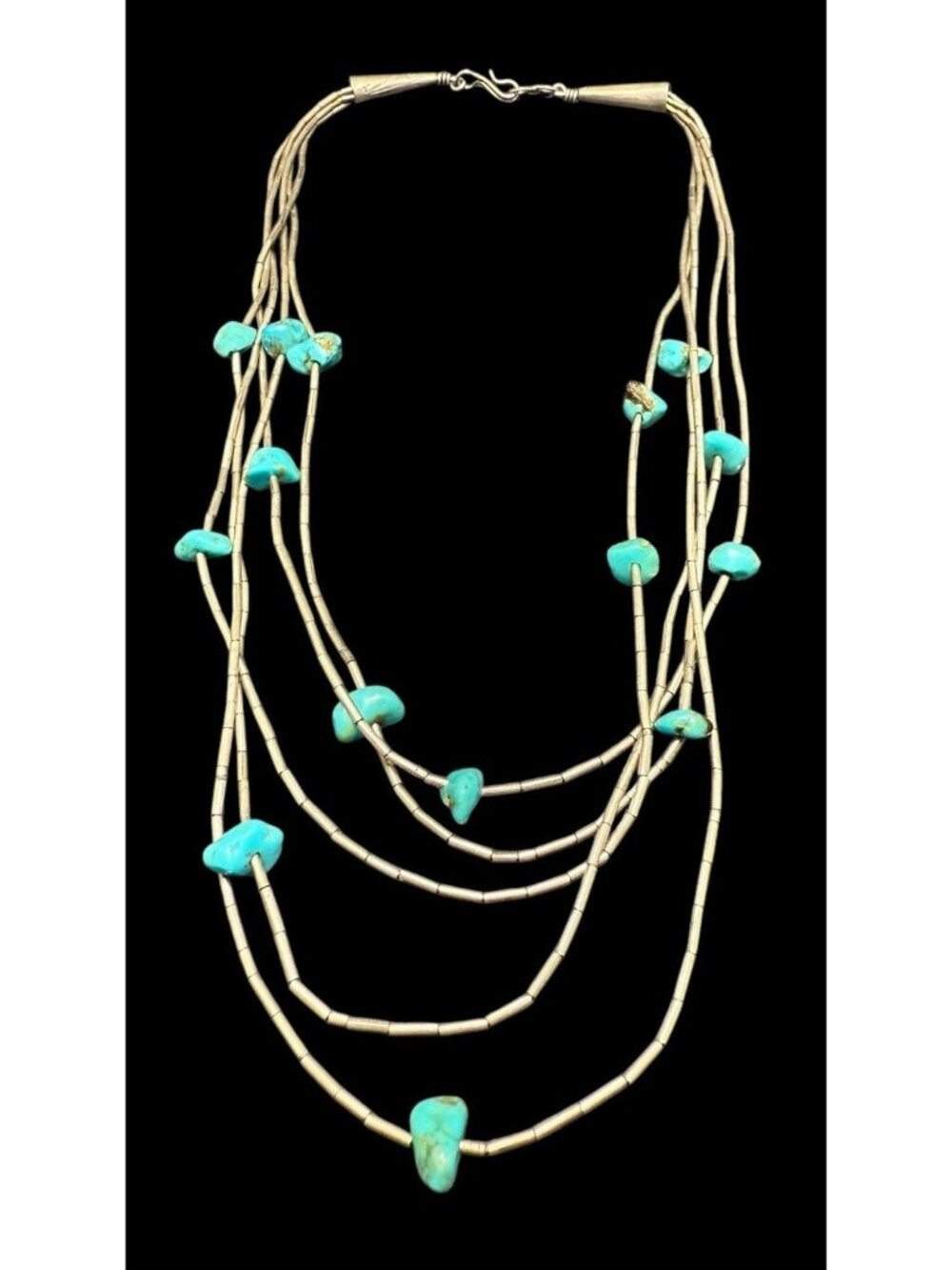 Vintage Navajo Liquid Silver Turquoise Nugget Necklace Five Strand Ethnic 15”